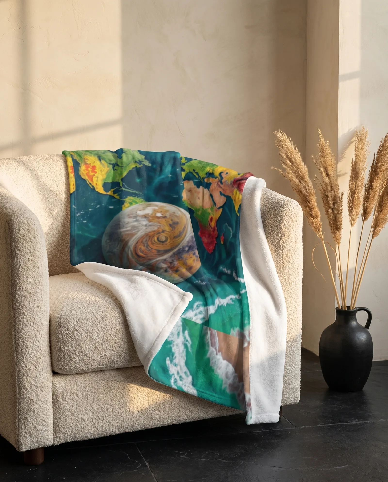 Abstract Earth throw blanket draped over a cream armchair