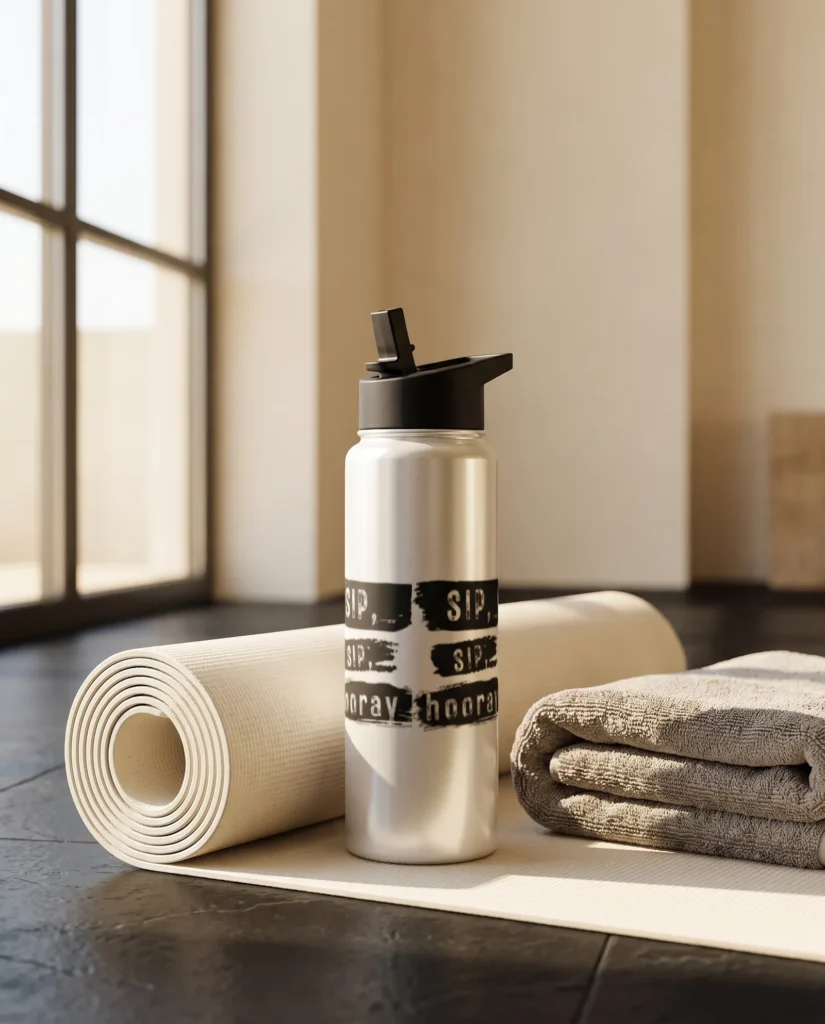 Stainless steel water bottle on a rolled yoga mat