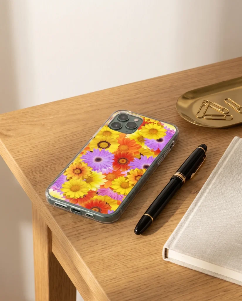 Floral clear phone case on a wooden desk