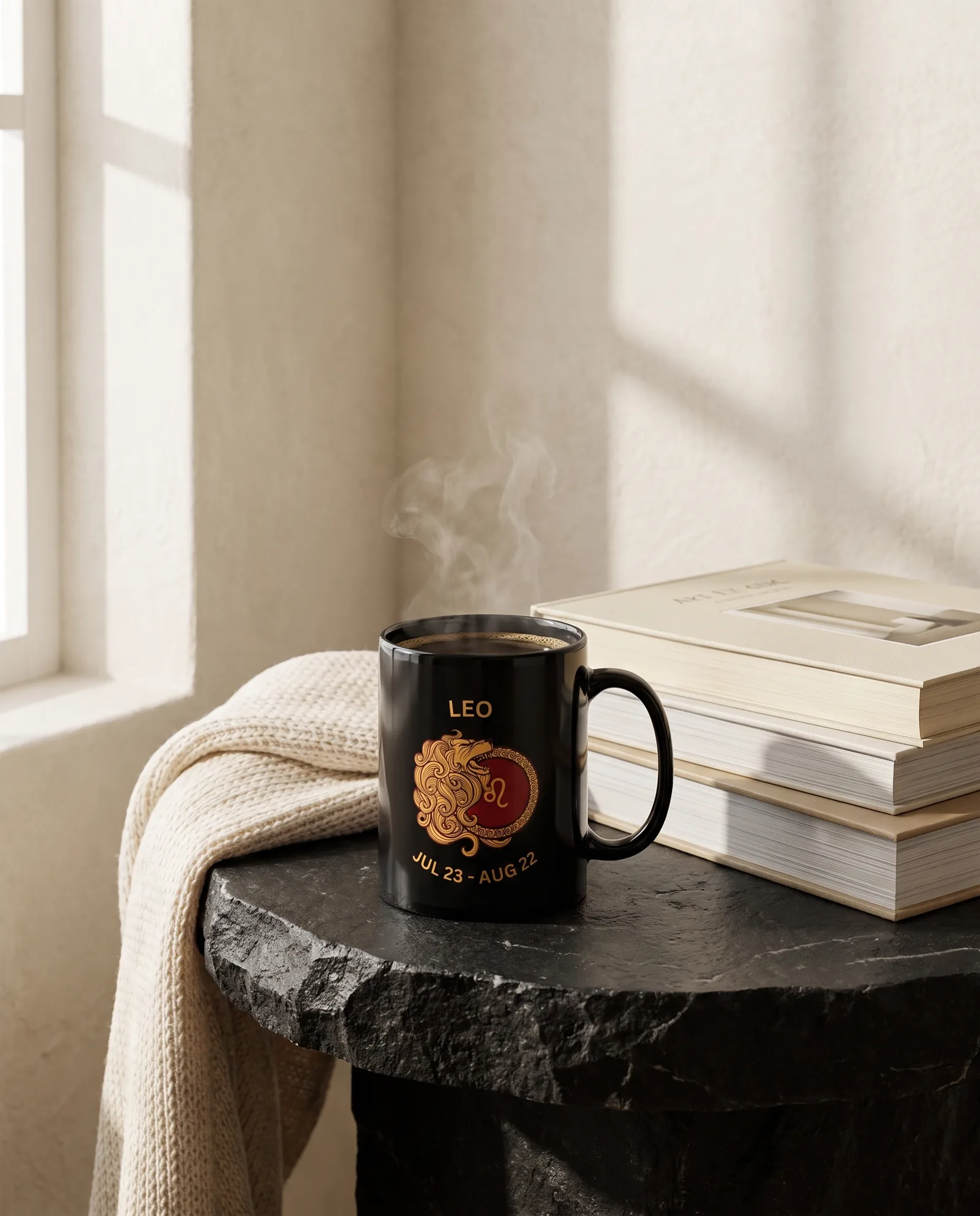 Black glossy zodiac mug on a stone side table