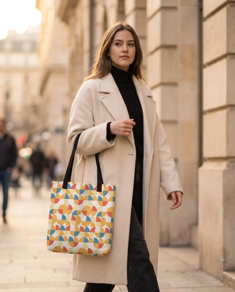 Retro Circles tote bag carried on a city street